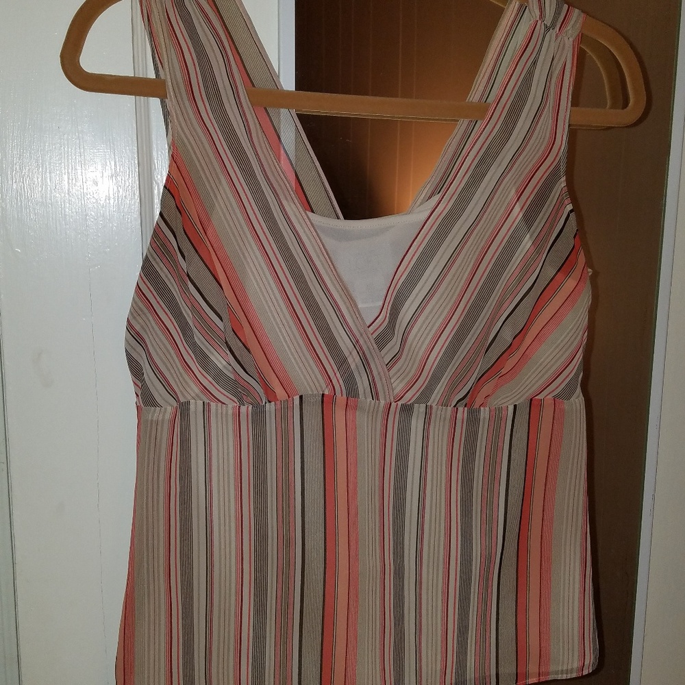 Loft sheer overlay stripe top coral peach cream